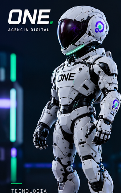 Astronauta ONE em 3D, de frente, com capacete e logo no peito