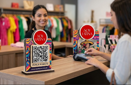 Displays de balcão impressos em 3D com QR Code de avaliação e arte da marca Soy Latina no caixa da loja